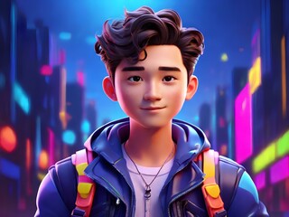 Obraz premium AI generate cool boy character wearing backpack and jacket with colorful background and neon color