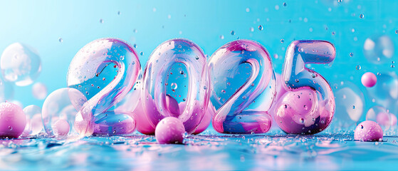 holizontal 2025 Happy new year view Liquid 3d. Colorful water bubbles dance in a bright abstract background with circles splash of light and beauty background banner