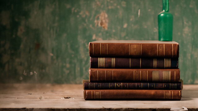 A Stack of Old Elegant Leather Bound Books with a Small Green Bottle on a Dusty Wooden Surface in a Derelict Room