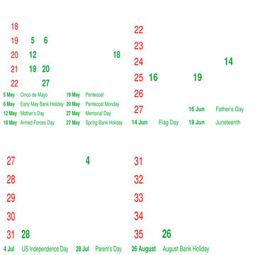 Holidays Calendar with Week Numbers (May 2024  - August 2024)