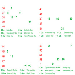 T3 September - December 2024 Holidays Date Calendar with Week Numbers
