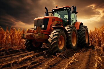 Fototapeta premium A big tractor in corn field, tractor agricultural machine working in the field, harvest, large agricultural machines work in the field, Ai generated