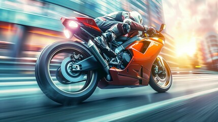 Fototapeta premium A superbike drives away from the camera, vibrant colors and environment in motion blur.