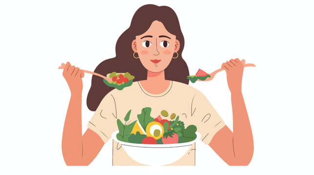 Young woman eating salads vector illustration