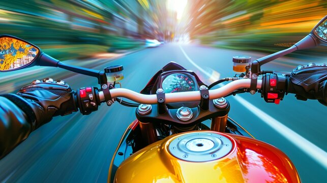 A superbike speeds away from the camera, vibrant colors blazing. The environment blurs with motion.