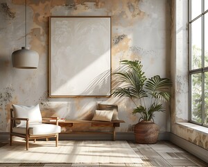 Beige wooden picture frame mockup on the wall with Simple minimalist living room decoration 