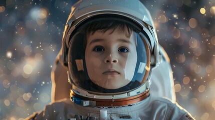 portrait of a girl smiling in astronaut uniform, future career concept