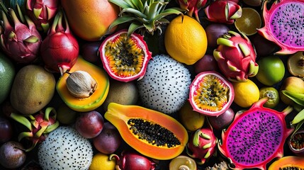 Fruits of fruits. Vitamins, lemon, tangerine, avocado, passion fruit, persimmon, benefits, health, dragon fruit, grapes, mango, strawberry, pineapple. Generated by AI - obrazy, fototapety, plakaty