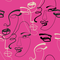 Seamless pattern line drawing of women with different faces
