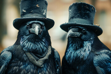 Crows in detective hats solving mysteries in the city a feathered duo with keen insight - obrazy, fototapety, plakaty