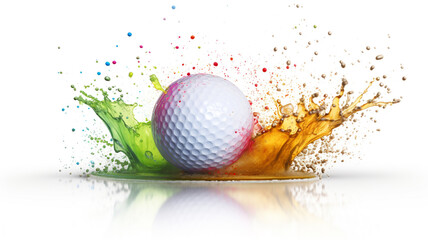 A golf ball with colorful splash on white background