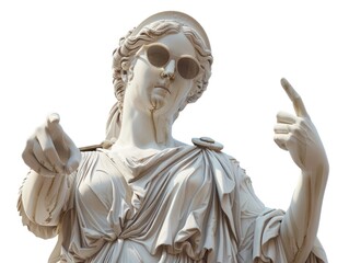 shocked and scream beautiful white plaster statue of Greek woman wear cool sunglasses, pointing finger, clothes 
