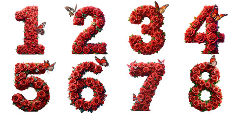 Floral Alphabet Creativity: Red Roses Shaped as 1, 2, 3, 4, 5, 6, 7, 8 Numbers with Butterflies