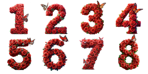 Floral Alphabet Creativity: Red Roses Shaped as 1, 2, 3, 4, 5, 6, 7, 8 Numbers with Butterflies