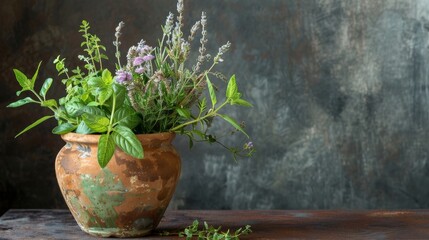 A lush potted plant brings life to a weathered wooden table in a peaceful setting