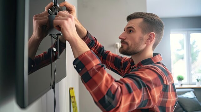 The master installs the TV on the wall. Plasma, builder, interior, technology, design, diagonal, pixels, cinema. Generated by AI