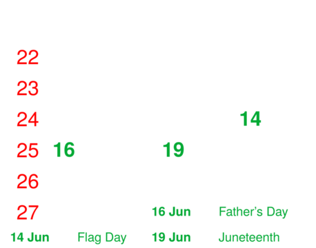 June 2024 Festive Holidays Calendar with  Week  Numbers