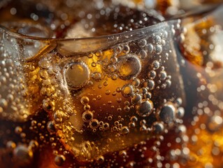 Macro shot capturing the effervescence and light play in a fizzy, carbonated drink