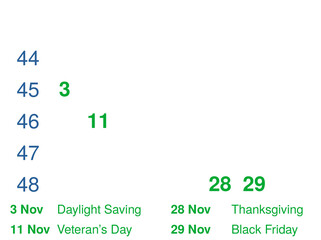 November 2024 Festive Holidays Calendar with  Week  Numbers