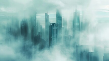 Cityscape with skyscrapers in the fog. High-rise buildings, skyline, downtown, city lights, architecture, contemporary, metropolis. Generated by AI