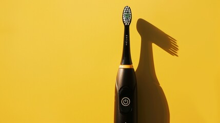 A sleek black electric toothbrush stands out against a bright yellow background