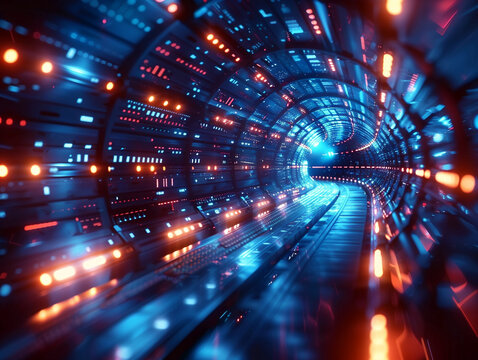 Tech vibes: abstract data journey in a futuristic hud tunnel with motion graphics and internet speed