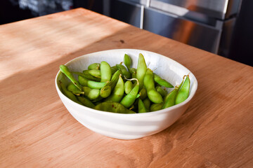Boiled edamame in a bowl