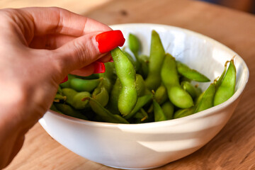 Boiled edamame in a bowl