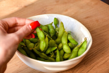 Boiled edamame in a bowl