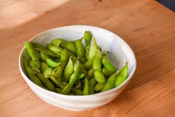 Boiled edamame in a bowl