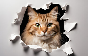 Cat that is looking out of a hole in the wall on white background - obrazy, fototapety, plakaty