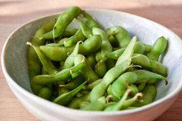 Boiled edamame in a bowl
