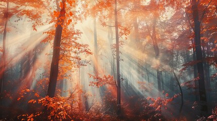 Autumn forest landscape. Foliage, berries, clearing, nature, moss, rays, melancholy, sun, light, harvest, mushrooms, yellow, red, fallen leaves, fog. Generated by AI