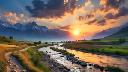 New beautiful well focused modern trending best selling good photograph landscape photo of sunset in the mountains with clouds. A panorama of valley with a river - obrazy, fototapety, plakaty