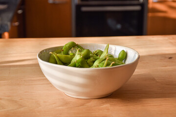 Boiled edamame in a bowl