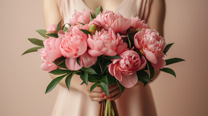 bouquet of pink peonies in female hands on a pastel beige background, spring concept, mother's day
