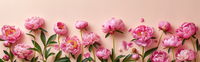 bouquet of pink peonies with space for text on pastel beige background, spring concept, mother's day