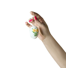 Isolated of woman hand holding Easter egg with painted flower