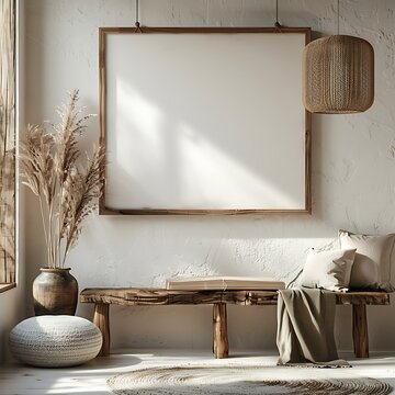mockup realistic wooden minimal frame on white wall in  wabi sabi style living room