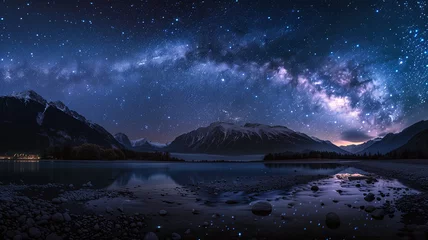 Foto op Plexiglas Starry night scene: milky way over mountains and rivers in the dark © Olga