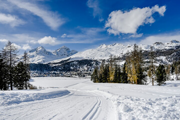 St. Moritz, St. Moritzersee, Oberengadin, Alpen, Corviglia, Piz Nair, Piz Julier, Piz Albana, Winter, Wintersport, Winterwanderung, Stazerwald, Langlauf, Schneedecke, Graubünden, Schweiz