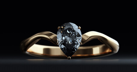 Diamond ring on black background. Designed with 3D render. macro focus.