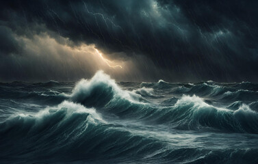  Stormy Ocean Waves A Painting of Dramatic Waves in a Storm  - obrazy, fototapety, plakaty