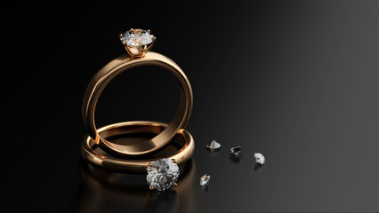Two diamond rings on a black background. Designed with 3D renderings.