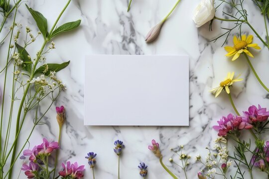 Blank white card on Marble table with meadow spring flowers around, top view. Festive floral summer arrangement mockup for invitations and contact details. Springtime background with copy space