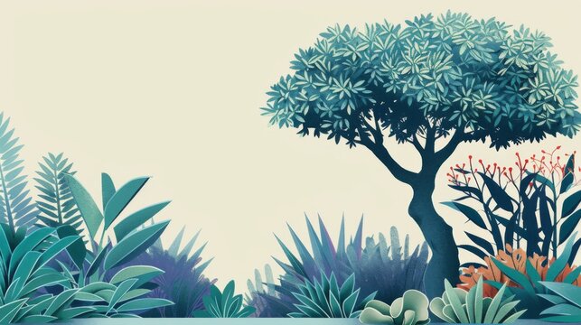 This image, perfect for Arbor Day, shows a tree in full leaf amidst a lush, stylized depiction of plant diversity, celebrating the richness of plant life.
