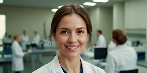 Fototapeta premium Port of a smiling female laboratory assistant in a science center laboratory. Concept of research, study and scientific discovery. Generated by AI.