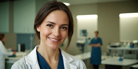 Fototapeta premium Port of a smiling female laboratory assistant in a science center laboratory. Concept of research, study and scientific discovery. Generated by AI.