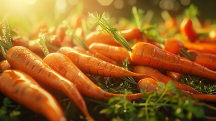 Carrots crowded under the sunny daylight. Hyperrealistic. - obrazy, fototapety, plakaty
