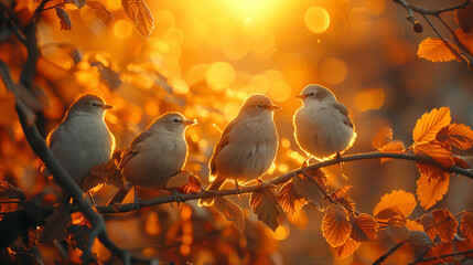 Golden hour tranquility: A quartet of sparrows perched amidst autumn leaves (AI-Generated)